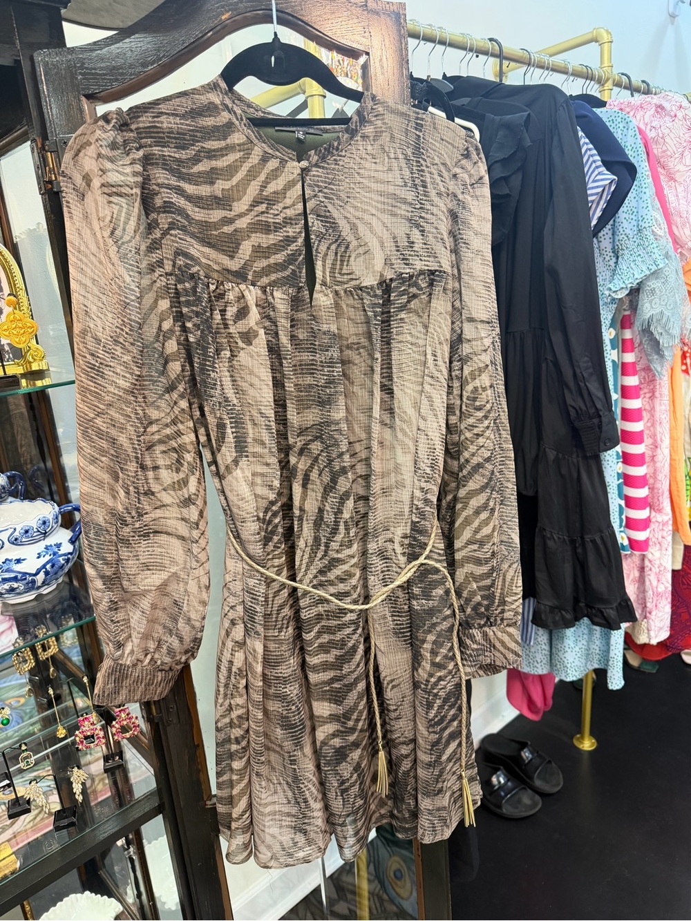 Guess Taupe and Black Animal-Print Long Sleeve Dress